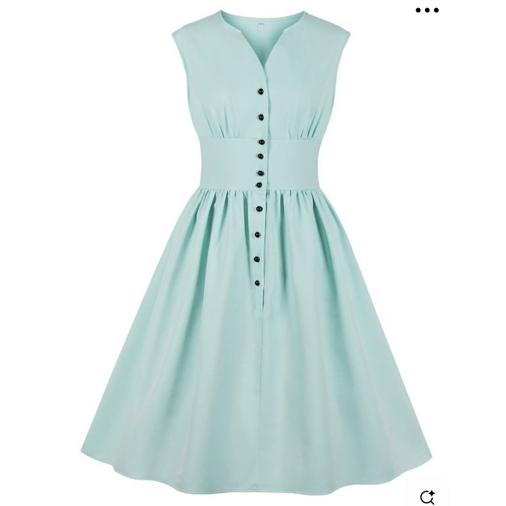 NWT Sucrefas Women's XXL Retro 50s Midi Dress Aqua Blue 1/2 Button A Line